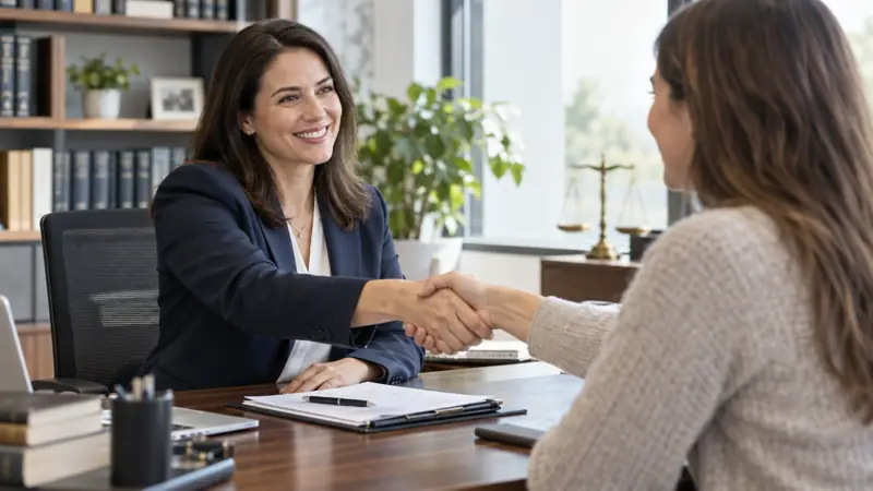 An attorney shaking hands with a client in her office