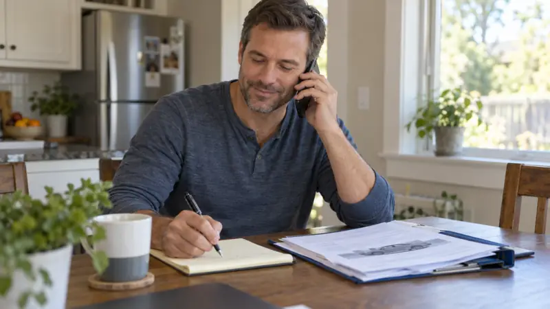 A man taking notes during a phone call at his kitchen table